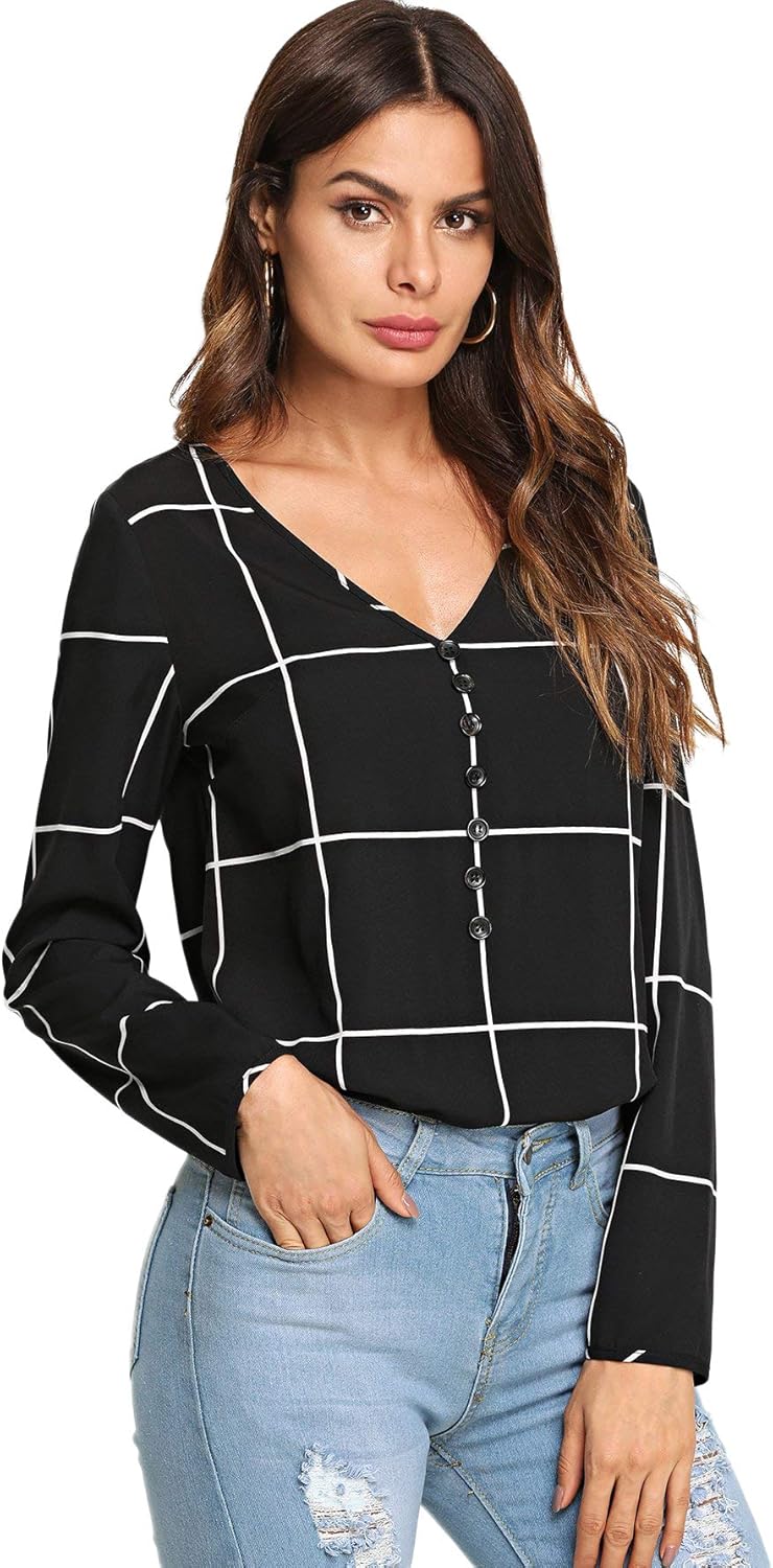 SweatyRocks Women's Casual Chiffon V Neck Plaid Long Sleeve Blouse Shirt Tops