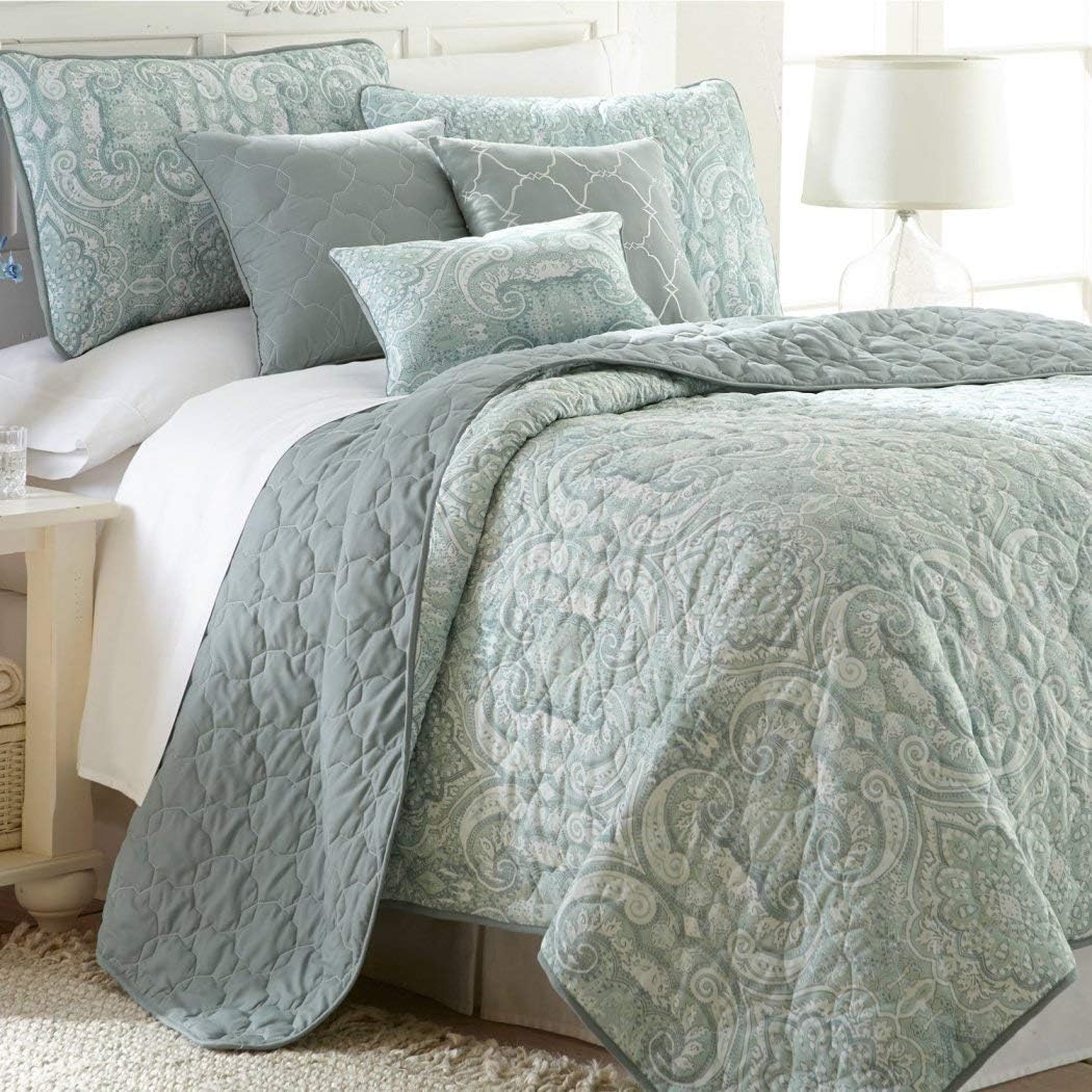 6 Piece Sage Green Paisley Quilt King Set, Silver Floral