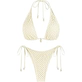 ZAFUL Women's Triangle Bikini Multiway Fishnet Tie Side Bandeau Halter String Bikini Set Two Piece Swimsuit Bathing Suits
