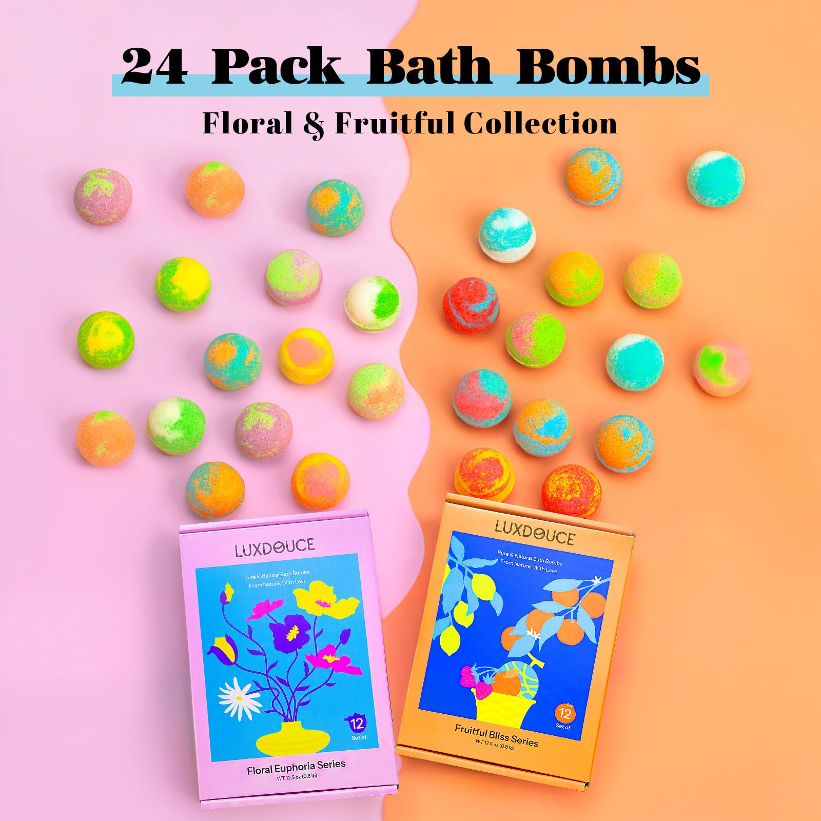 Bath Bombs Gift Se, 24 Pack Bubble Bombs with 12 Unique Scents, Floral & Fruity Collections, Skin-Soothing & Mood-Enhancing, Spa Gifts for Women, Wife, Stress Relief & Relaxation