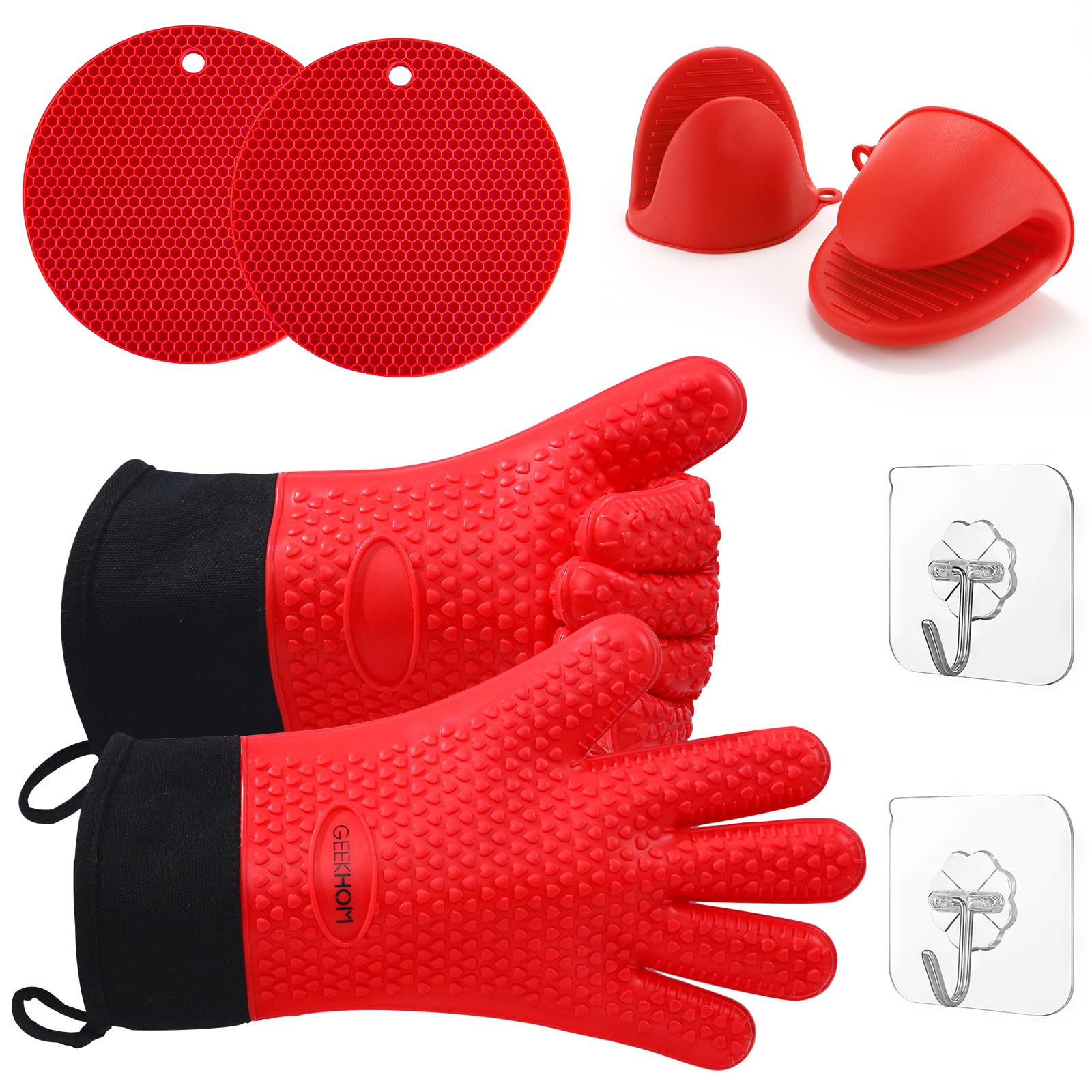 GEEKHOM Silicone Oven Gloves Set, Heat Resistant Oven Mitts and Pot Holders with Sticky Hook Waterproof Non-Slip Kitchen Gloves with Fingers for Cooking Baking Barbecue Grilling Microwave, Red