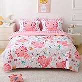 Gusuhome Girls Pink 7 Piece Axolotl Comforter Set for Kids Twin Size Kawaii Axolotl Bedding for Teen 3D Animals Colorful Bed Set (Comforter,Flat Sheet,Fitted Sheet and Pillow Sham)