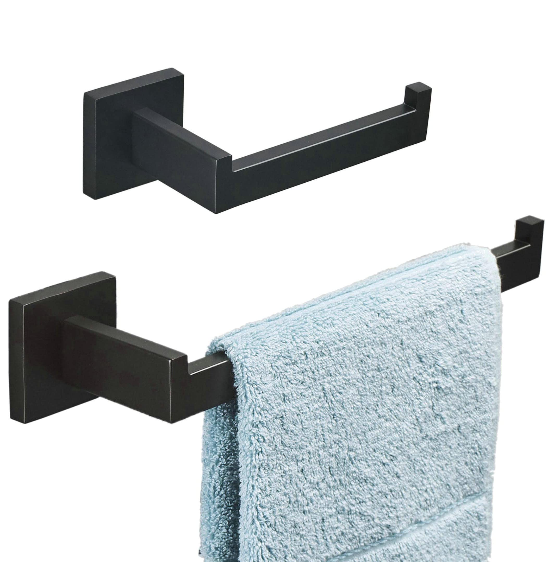 SHUNLI Black Toilet Paper Holder + Hand Towel Holder, 2 Pieces Bathroom Hardware Accessories Set, Wall Mounted Towel Ring Towel Bar, SUS304 Stainless Steel