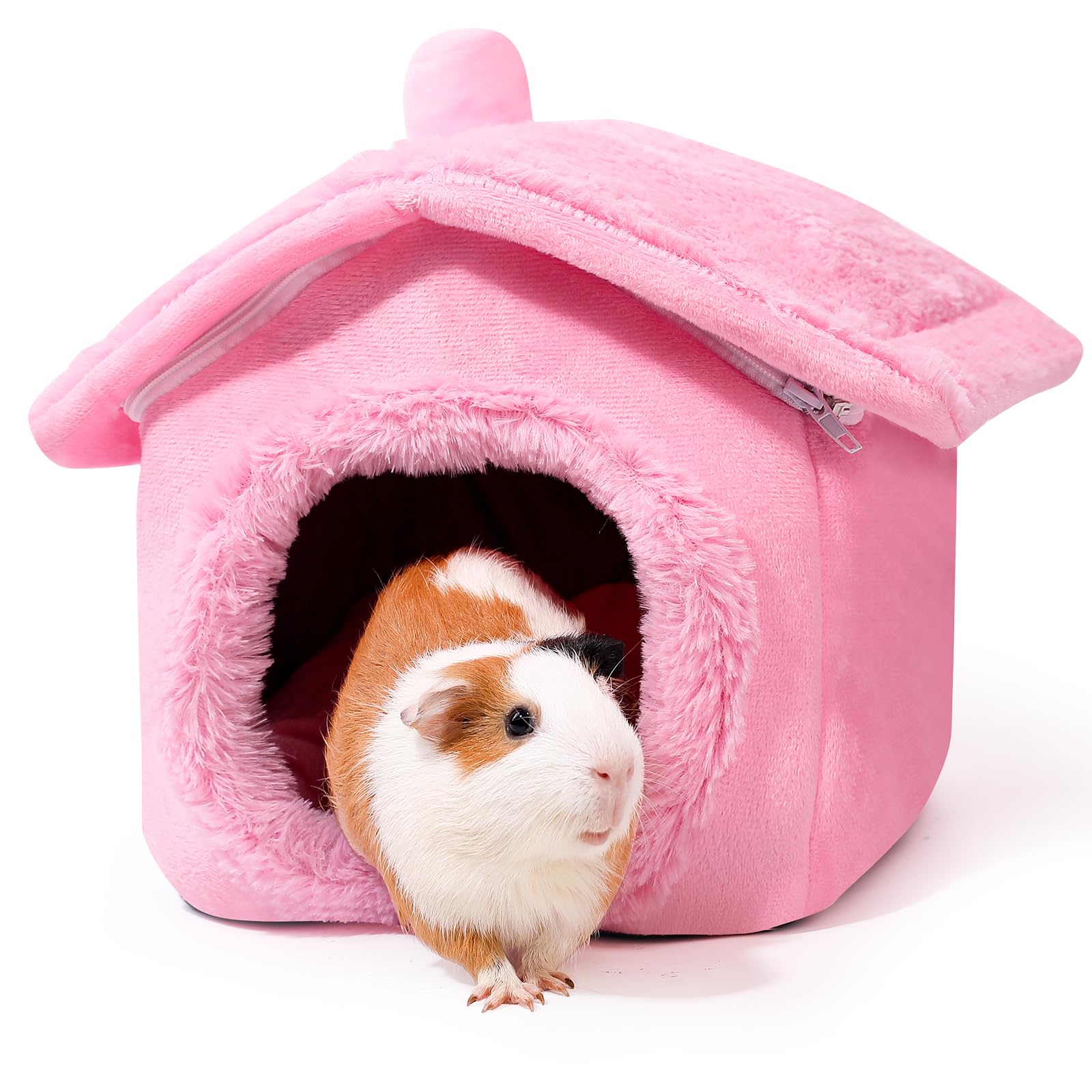 ONEJU Guinea Pig House - Separable Plush Roof, Pig Bed, Hideout, Rabbit & Bunny Hut - Pure Pink