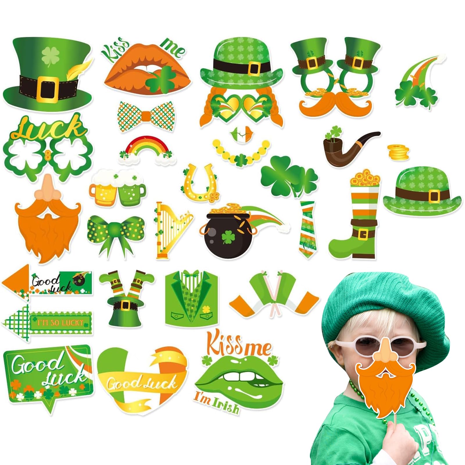 EULAPGOE 30 Pcs St Patrick’s Day Irish Party Photo Booth Props Accessories St Patricks Day Decorations Party Shamrock Decorations Ireland Irish Decoration