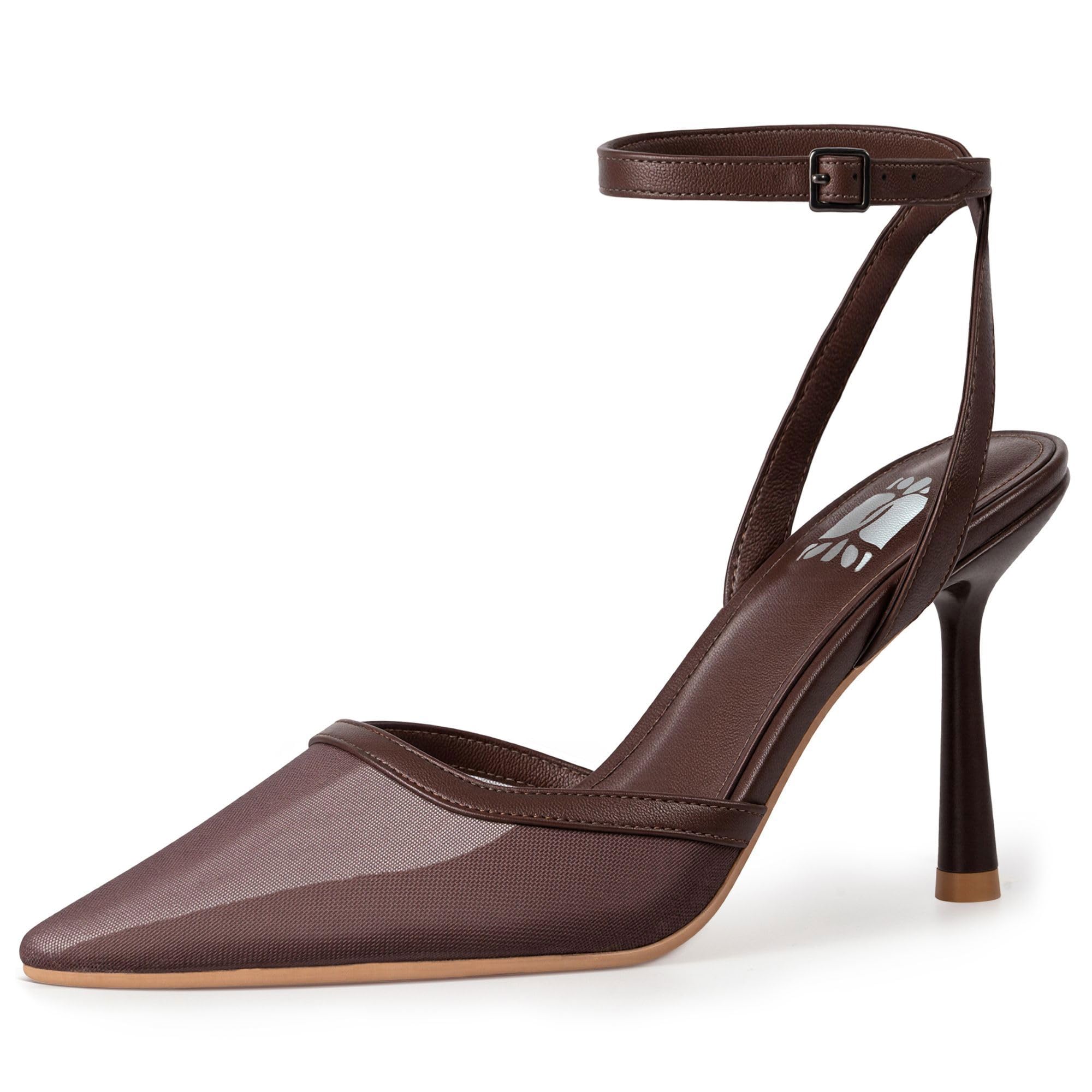 Photo 1 of (SIZE 9) (USED/FAIR) WIRALOMI Mesh Heels for Women Brown Pointed Toe High Heels with Ankle Strap Stiletto Slingback Heeled Sandals Wedding Pumps Summer Shoes,9