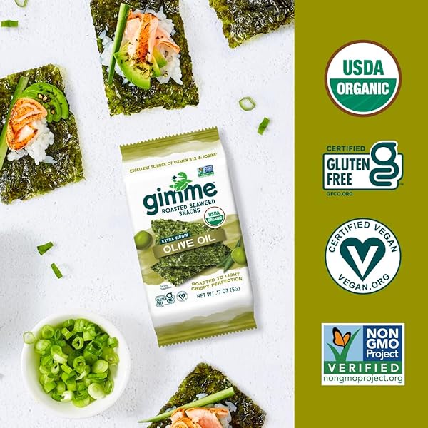 GIMME SEAWEED ORGANIC PREMIUM ROASTED SEAWEED SNACKS, EXTRA VIRGIN OLIVE OIL, 20 COUNT, KETO, VEGAN, GLUTEN-FREE, GREAT SOURCE OF OMEGA3S AND IODINE, HEALTHY ON-THE-GO SNACK FOR KIDS AND ADULTS