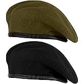 Zhehao 2 Pcs Military Beret for Army Style Men Berets Hat Adjustable Wool Vintage Hats with Leather Trim for Men Women