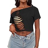 Hilinker Women Off The Shoulder Crop Tops Sexy Cut Out Ripped Short Sleeve Cropped T Shirts