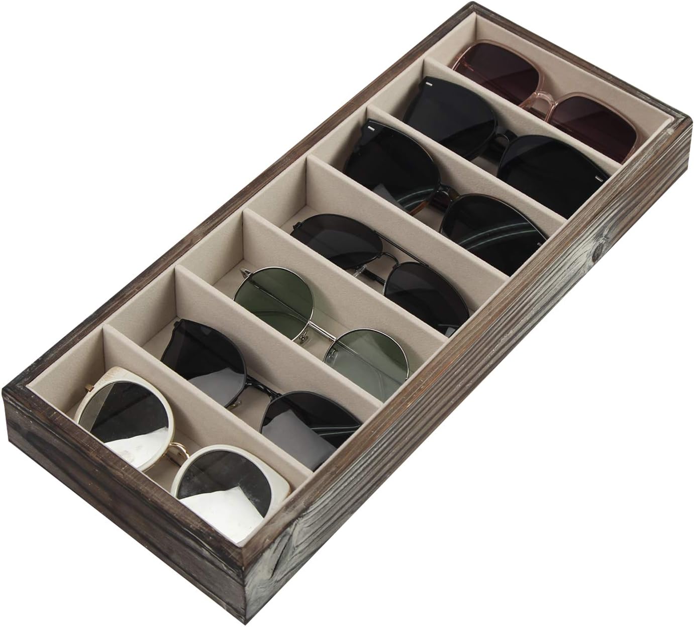 J JACKCUBE DESIGN Rustic Wood 7 Compartments Eyeglass Display Organizer Eyeglasses Sunglass Storage Case Box Eyewear Tray Stand Open Top Suede Inside – MK374C