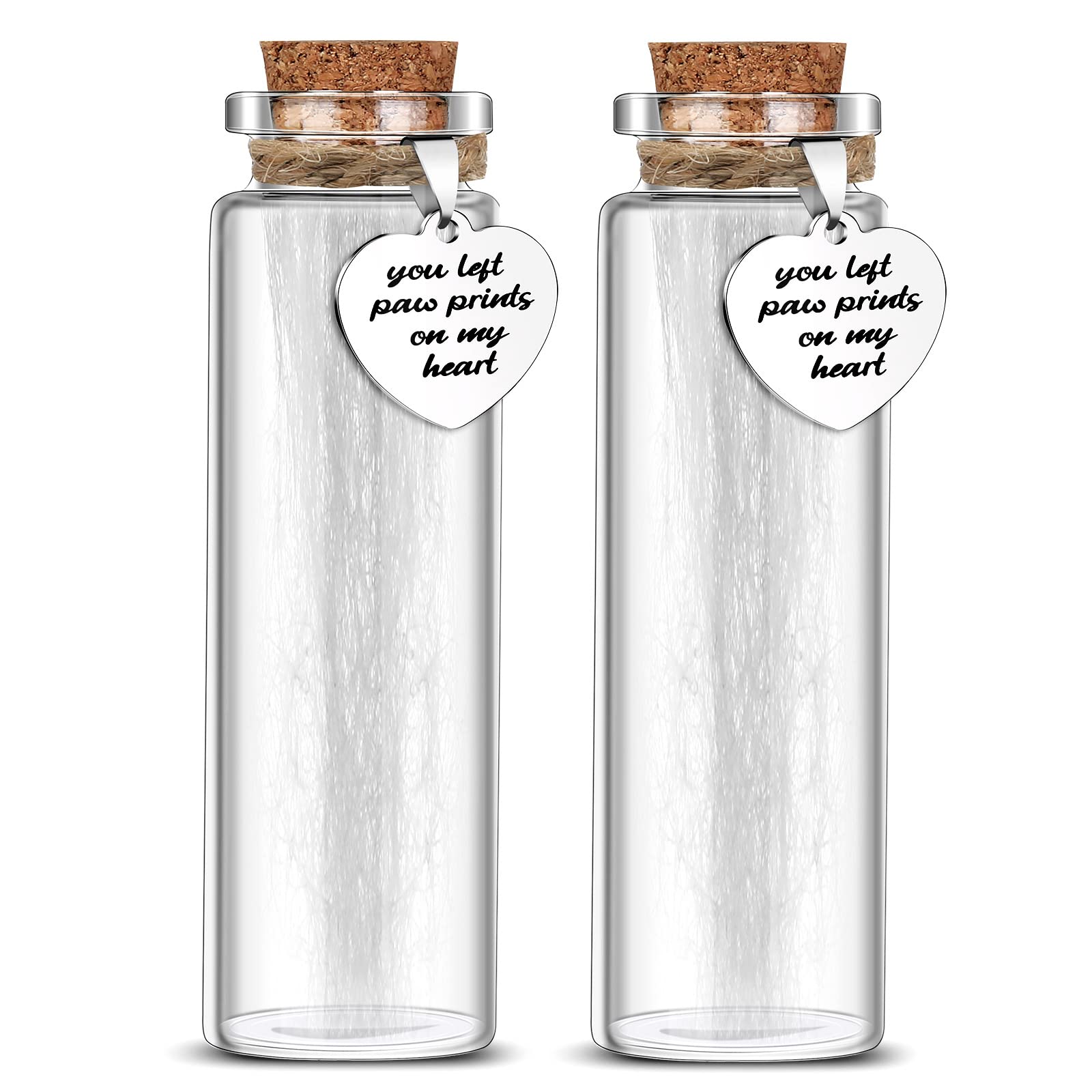 Photo 1 of Nuenen 2 Pcs Pet Hair Glass Memorial Bottle Dog Keepsake Memorial Pet Loss Memory Sympathy Gift Vials for Hair with Heart Shape Ornaments White Organza Bags Cat Keepsake Glass for Ashes Fur Urn