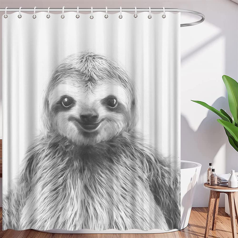 Sloth Shower Curtain Funny Animal Cute Smiling Sloth Crazy City Sketch Pattern Home Bathroom Decor Quick Dry Fabric with 12 Hooks，70x70 Inch，White Gray