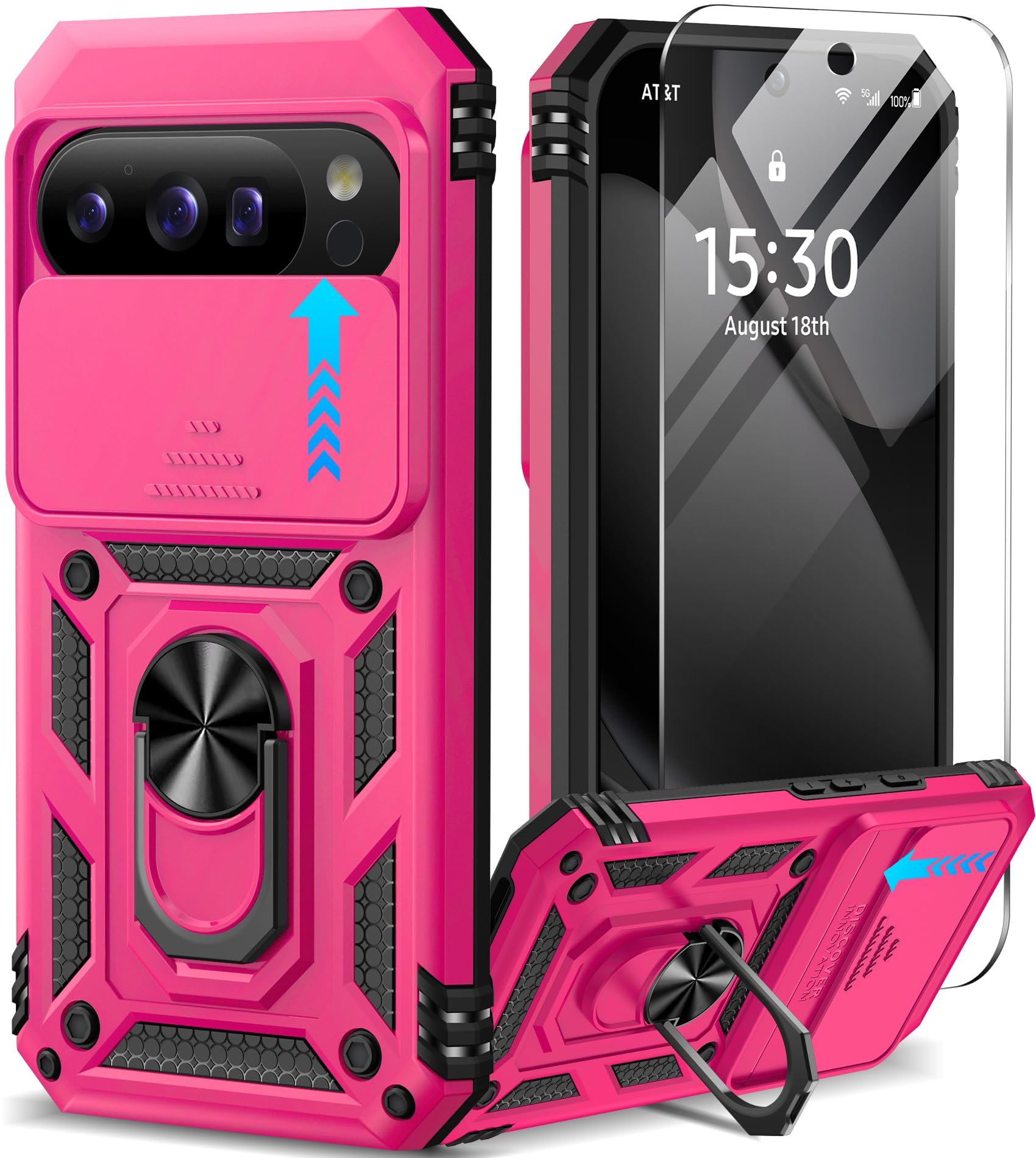 Photo 1 of Taisairu for Google Pixel 10 Case/Pixel 10 Pro Case with Screen Protector & Slide Camera Lens Cover,Built-in Ring Stand Protective Phone Case for Pixel 10 Case/Google Pixel 10 Pro Case (Hot Pink)