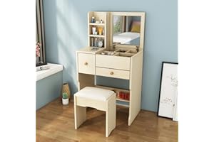 3 in 1 Vanity Desk with flip top Mirror Dressing Table with Drawers and Storage Shelves with Hidden Chair Storage Compartment