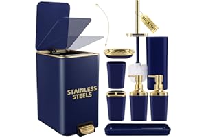 XLHOMO Navy Blue Bathroom Accessories Set 8 Piece Navy Blue and Gold Bathroom Set, Bathroom Sets with Stainless Steel Trash Can,Toilet Brush,Toothbrush Set,Soap Dispenser