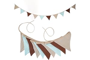 JIALITFUN Fabric Bunting Banner, 2 Pack Handmade Neutral String Banner Each 8.5 ft 10 Flags Nursery Wall Hanging Wedding Birthday Home Baby Shower Party Decoration Bunting (Coffee Blue)