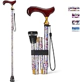 Rehand Walking Cane for Women &amp; Men - 5 Level Adjustable Height，Foldable，Lightweight，Floral，Wooden Handle ，Collapsible Walking Sticks for Seniors &amp; Adults