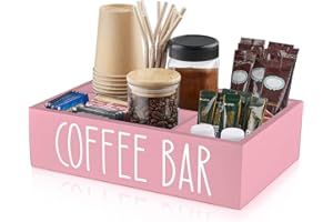 ALELION Pink Coffee Station Organizer with Removable Dividers - Wood Coffee Bar Accessories Organizer for Countertop - Coffee Pod Storage Basket for K Cup Sugar Tea - Pink Kitchen Coffee Bar Decor