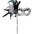 MYSEUNI 2024 New Masquerade Mask for Women with Stick - Shiny Women's Feather Mardi Gras Venetian Mask for Costume Accessory