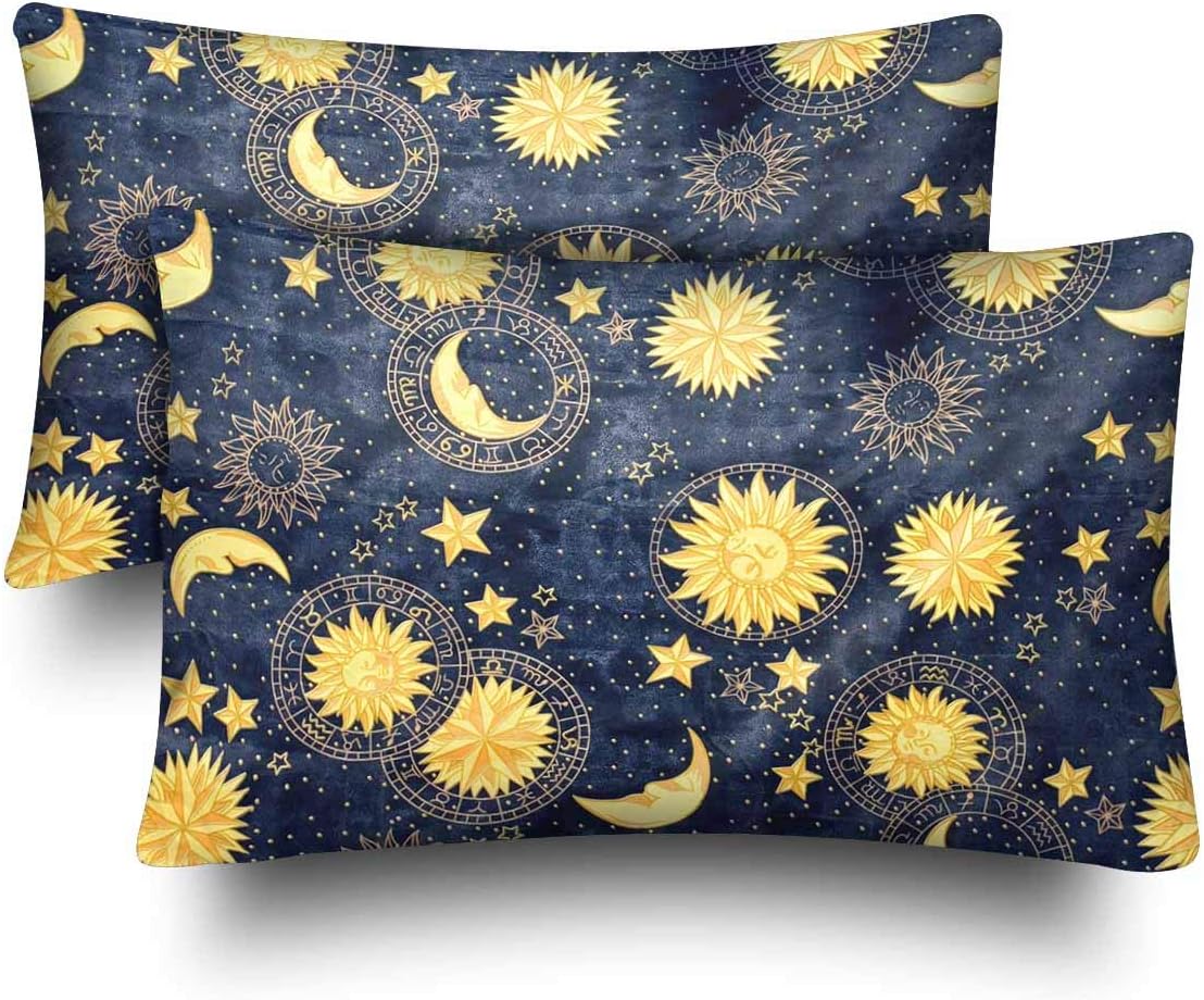 InterestPrint Colorful Retro Hobo Gloden Star Moon Sun Face Blue Sky Pillow Cases Pillowcase Queen Size 20x30 Set of 2, Rectangle Pillow Covers Protector Home Couch Sofa Bedroom Decoration