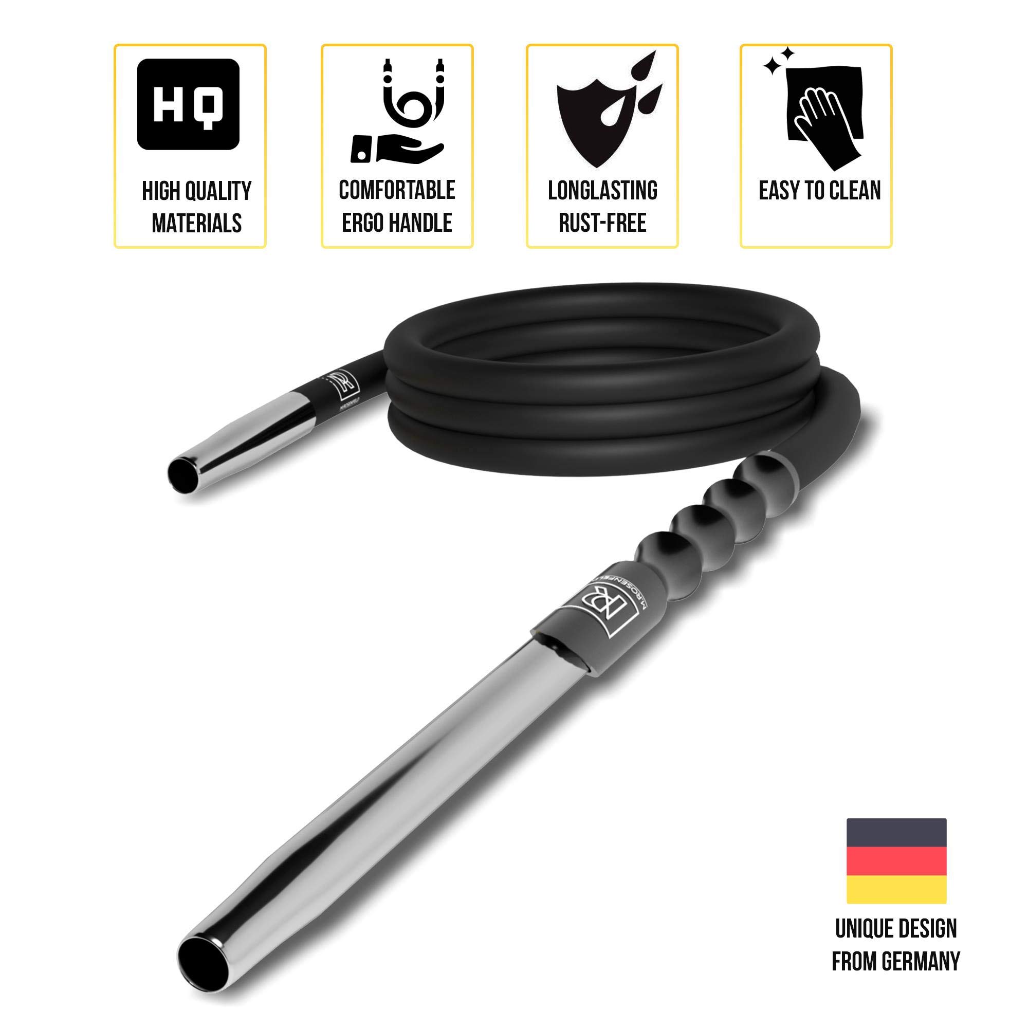 Premium Hookah Hose with Aluminum Mouthpiece - 59 inch Long Silicone Water Pipe Hose, Washable, with 15 inch Easy-Grip Handle 2-Part Mouthpiece - Modern Design, Won\'t Rust or Ghost + Free E-Book