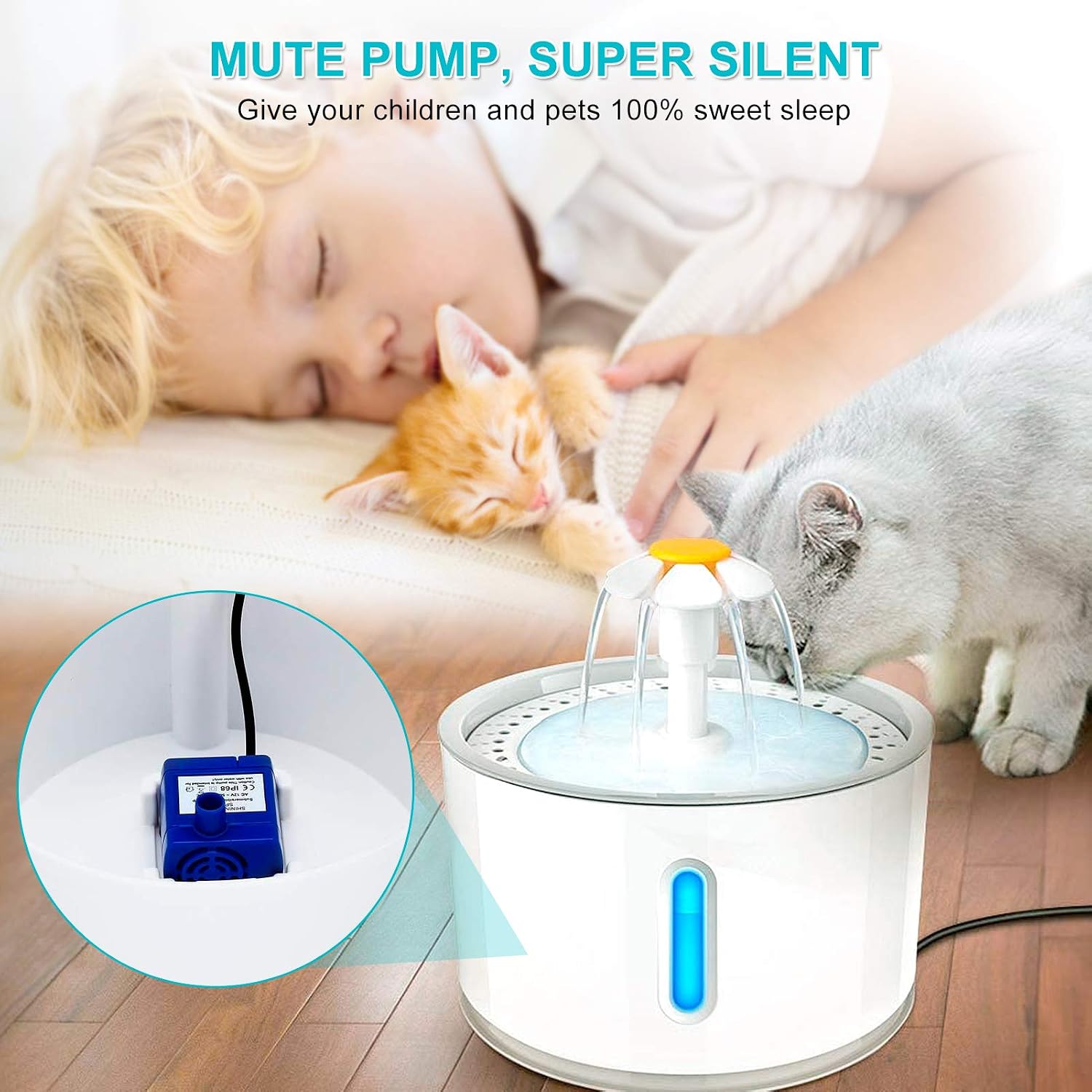 Cat Fountain Pump, Ultra Quiet Pet Water Fountain Pump, Cat Waterfall Fountain Pump with LED Lights - Image 3