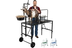 Goatzy Goat Stand with Adjustable Headpiece & Legs, Goat Milking Stand with Feeder, Rails & Wheels, Stanchion for Grooming & Hoof Trimming, Sheep Stand for Shearing Heavy-Duty Steel Platform, Black