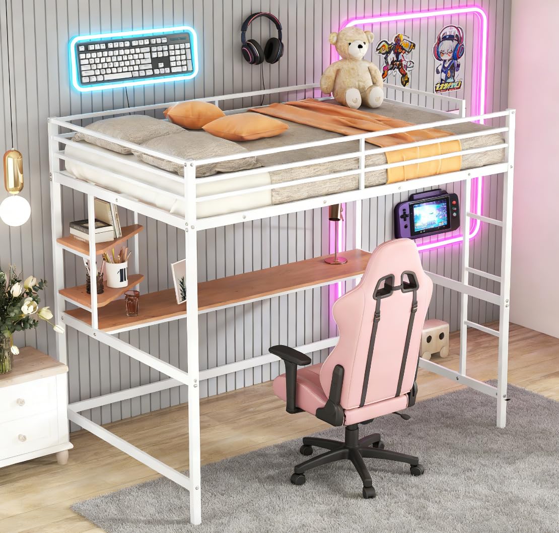 Photo 1 of **SELLING FOR PARTS AS PARTIAL SET. ONE BOX OF TWO.**Bellemave Full Size Loft Bed with Desk and 2 Shelves, Metal Full loft bedframe with Storage Shelves, White