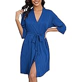 Ekouaer Robes for Women Ribbed Knit Bathrobe Soft Knee Length Kimono Robe 3/4 Sleeve Sleepwear with Pockets S-XXL