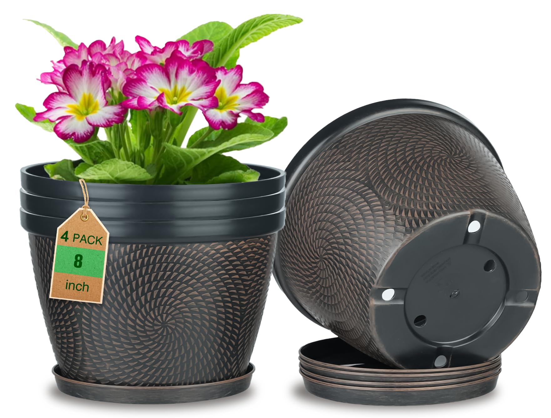 Photo 1 of Quarut 4 Pack 8 Inch Flower Pots for Outdoor Indoor, Plastic Plant Pots with Drainage Hole & Saucer, Lightweight Small Flower Pot, Circle Pattern Planters for Garden House planters?Black Copper?