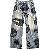 BEAUDRM Men's Baggy Jeans Y2k Lip Print Wide Leg Casual Loose Denim Pants with Pockets