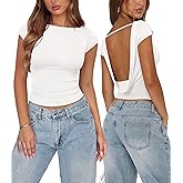 Pungdra Womens Open Back Tops for Women Trendy Backless Shirt Short Sleeve Slim Fit Going Out Top Y2k Basic Clothes