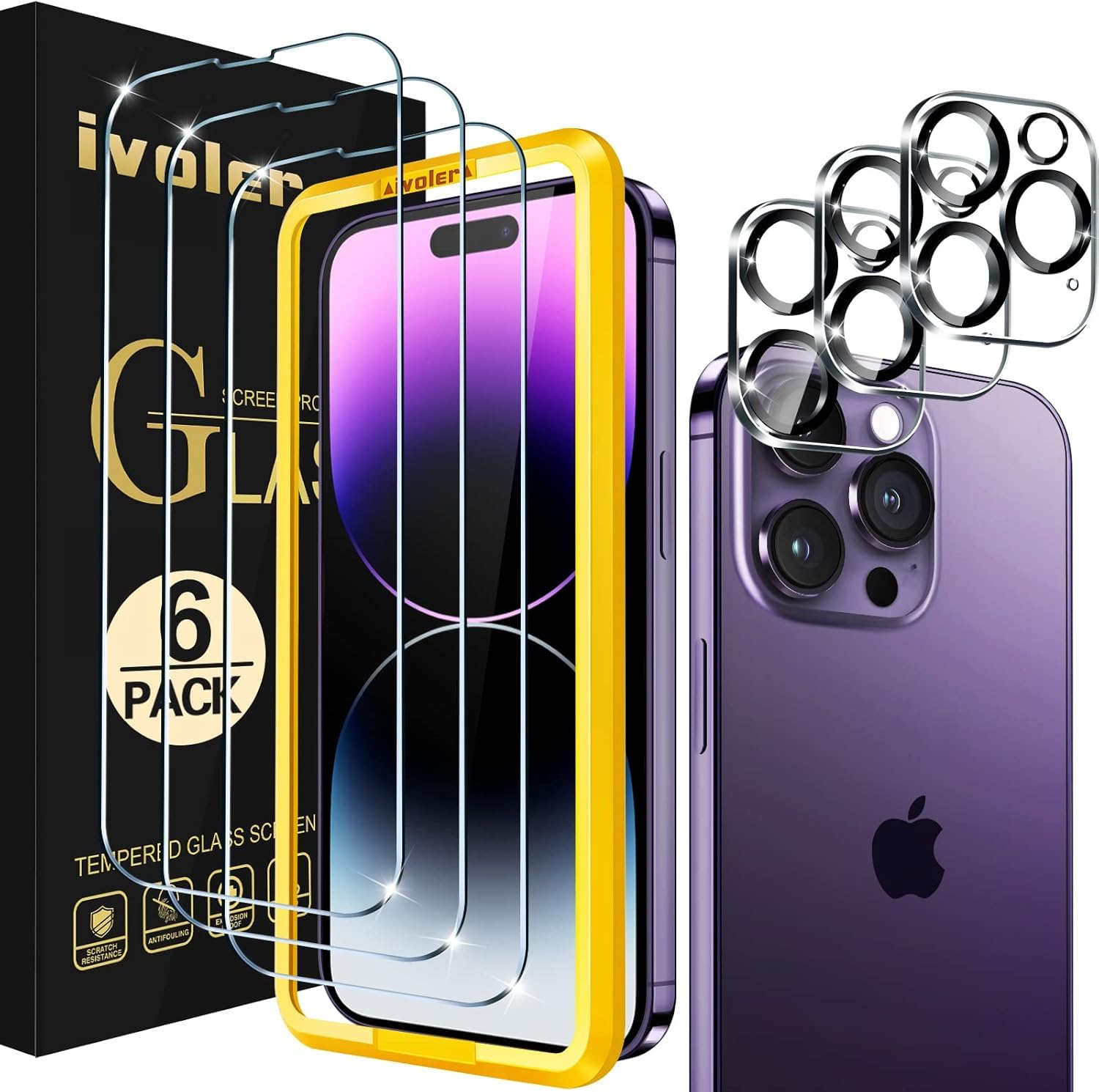 [Alignment Aid] ivoler Screen Protector for iPhone 14 Pro, 3 pack Tempered Glass Film and 3 pack Camera Lens Protectors with a Installation Alignment Aid, Bubble-Free, HD Clear, 6.1-Inch — image 1