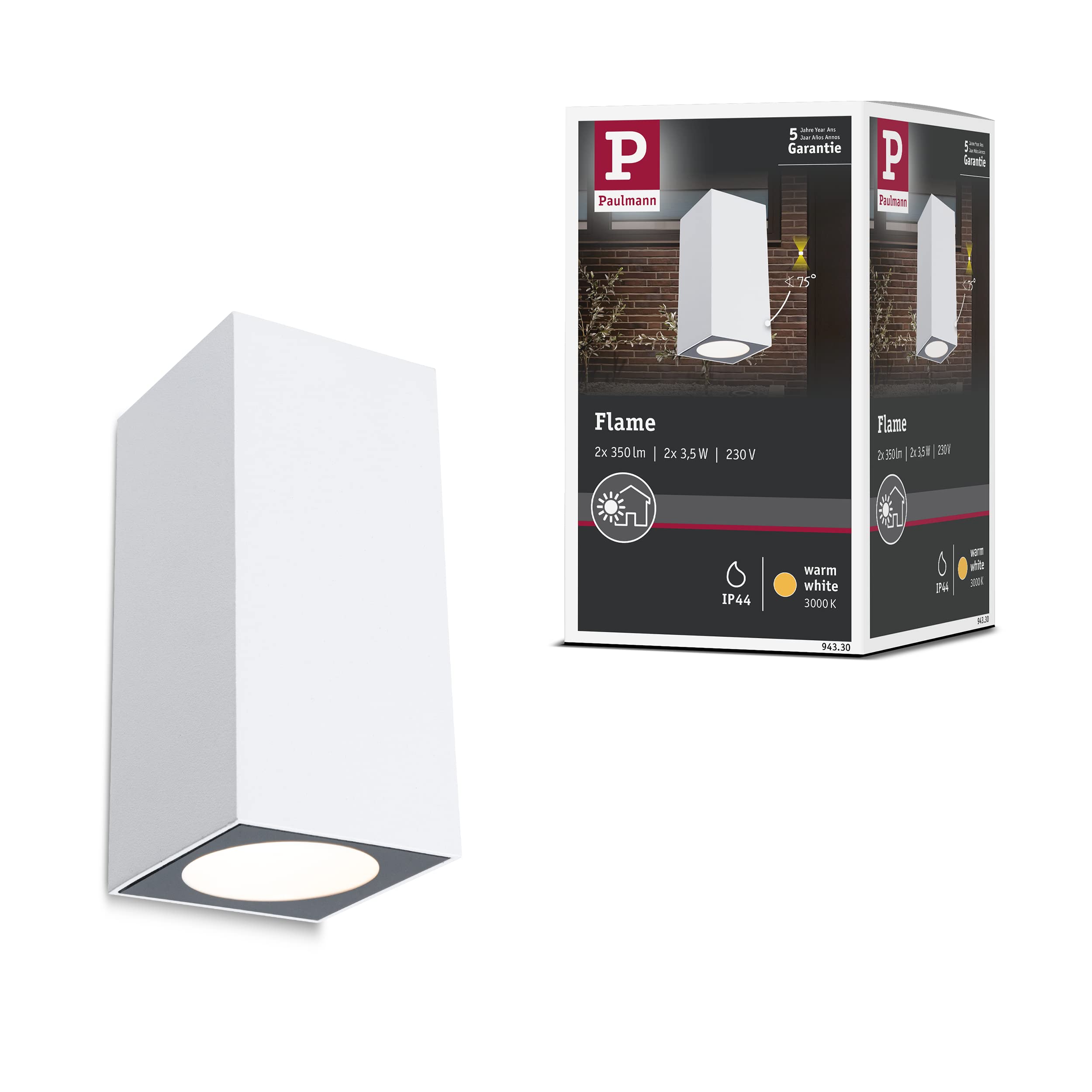 Paulmann 94330 Flame LED Outdoor luminaire Set of 2 Outdoor Wall luminaire IP44 Rectangular incl. 2x3.5 W White Outdoor lamp Aluminium 3000K