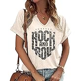 Raypag Women Vintage Rock T Shirts Casual Loose Fit Short Sleeve Country Rock Band T-Shirts Tshirt Vintage Letter Print