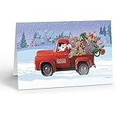 Santa & Classic Red Truck Holiday Card - 18 Christmas Cards and Envelopes