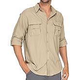 Anteef Mens Safari Shirts Long Sleeve UV Protection Hiking Fishing UPF 50+ Quick Dry Camping Travel Shirts