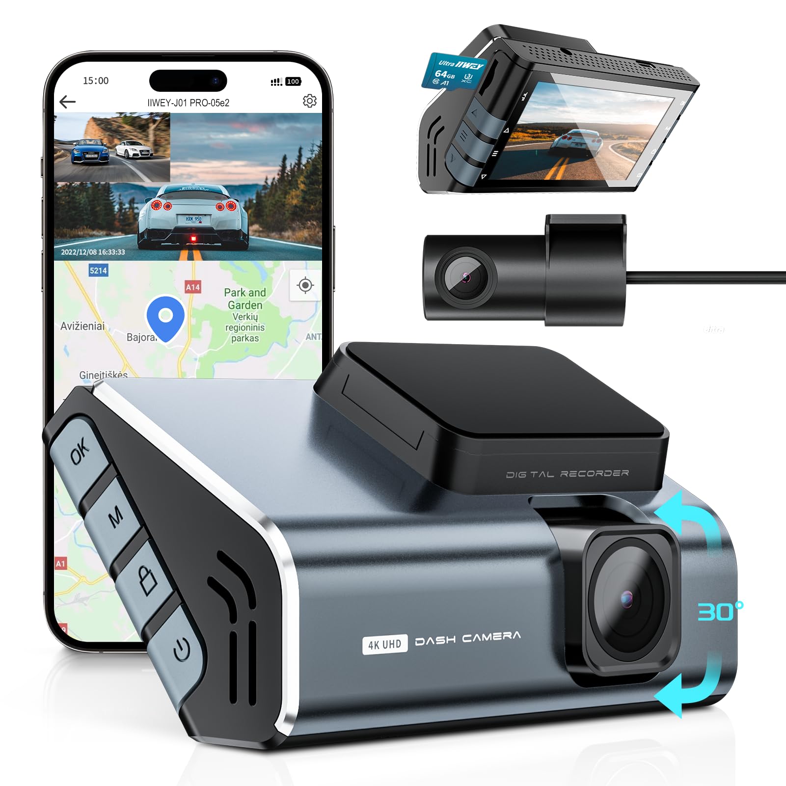 IIWEY Dash Cam Front Rear 4K Built-in WiFi, External GPS, Free 64GB SD Card, High-end Alloy Body Car Camera with 3" LCD Screen, Voice Control, Super Night Vision, Loop Record, 150° Wide Angle, USB C