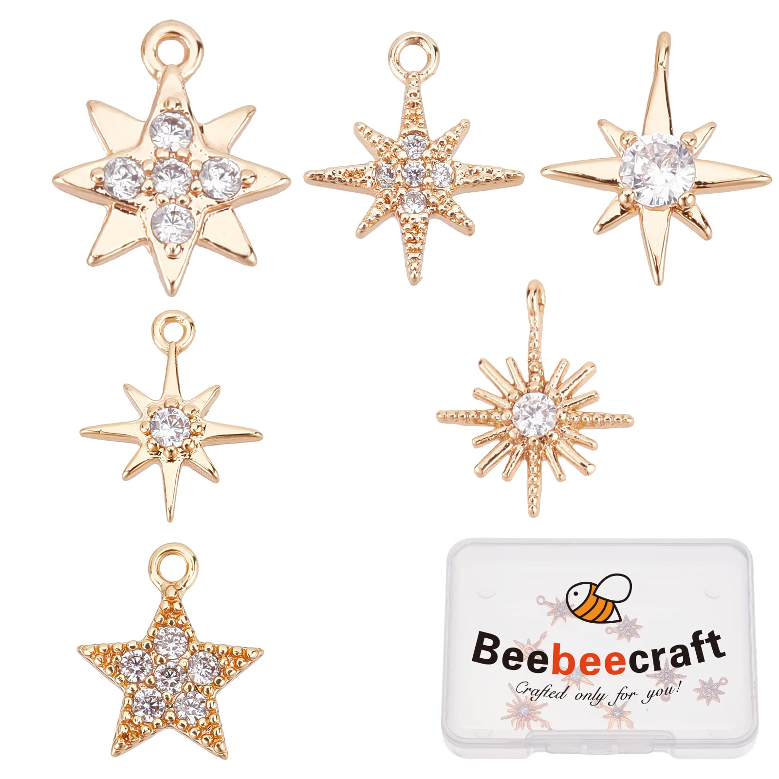 Beebeecraft 12Pcs 6 Style 18K Gold Plated Star Charms Small Cubic Zirconia Chrms Jewellery Making Findings for DIY Jewelry Bracelet Necklace Earring Making