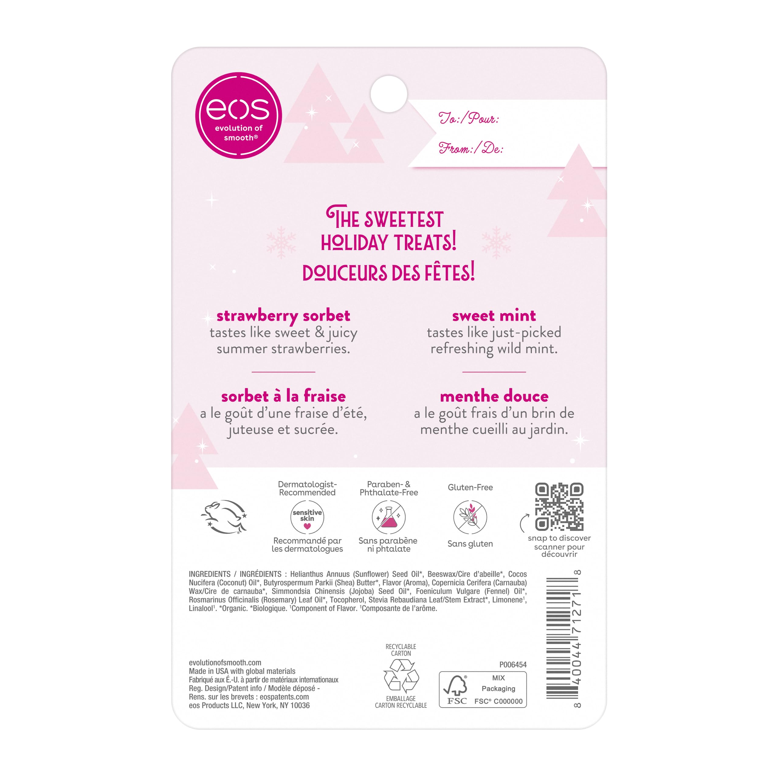 eos Holiday 100% Natural & USDA Organic Lip Balm Gift Set- Strawberry Sorbet & Sweet Mint, Stocking Stuffers, 0.25 oz, 2-Pack