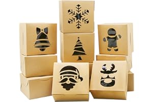 ZMCINER 24 Pieces Christmas Cookie Boxes Christmas Bakery Box with Window for Pastries, Cupcakes, Brownies, Cookies,Donuts, Brown Kraft Bakery Boxes 4"x 4"x 2.5"