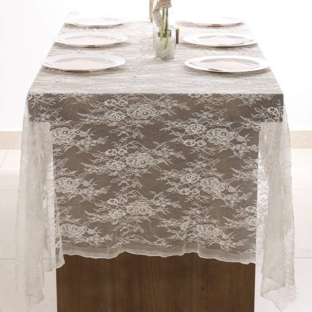 DÉCOCO White Lace Tablecloth 150 *300cm in Lace Table Overlay Vintage Embroidered Overlay for Rustic Wedding Vintage Reception Decor Spring Summer Outdoor Party Boho Wedding Table Déco