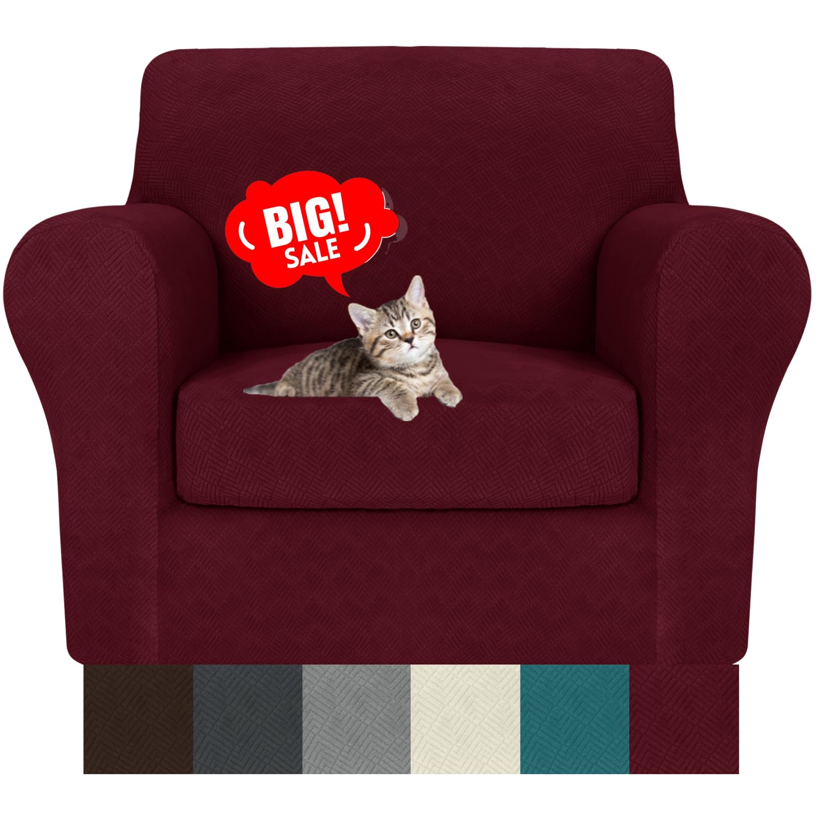 Photo 1 of MAXIJIN 2 Piece Chair Covers Chair Slipcover with Arms, Sofa Chair Cover for Living Room Armchair Cover, Stretch Pet Dog Slip Cover for A Chair with 1 Cushion (31"-46", Wine Red)