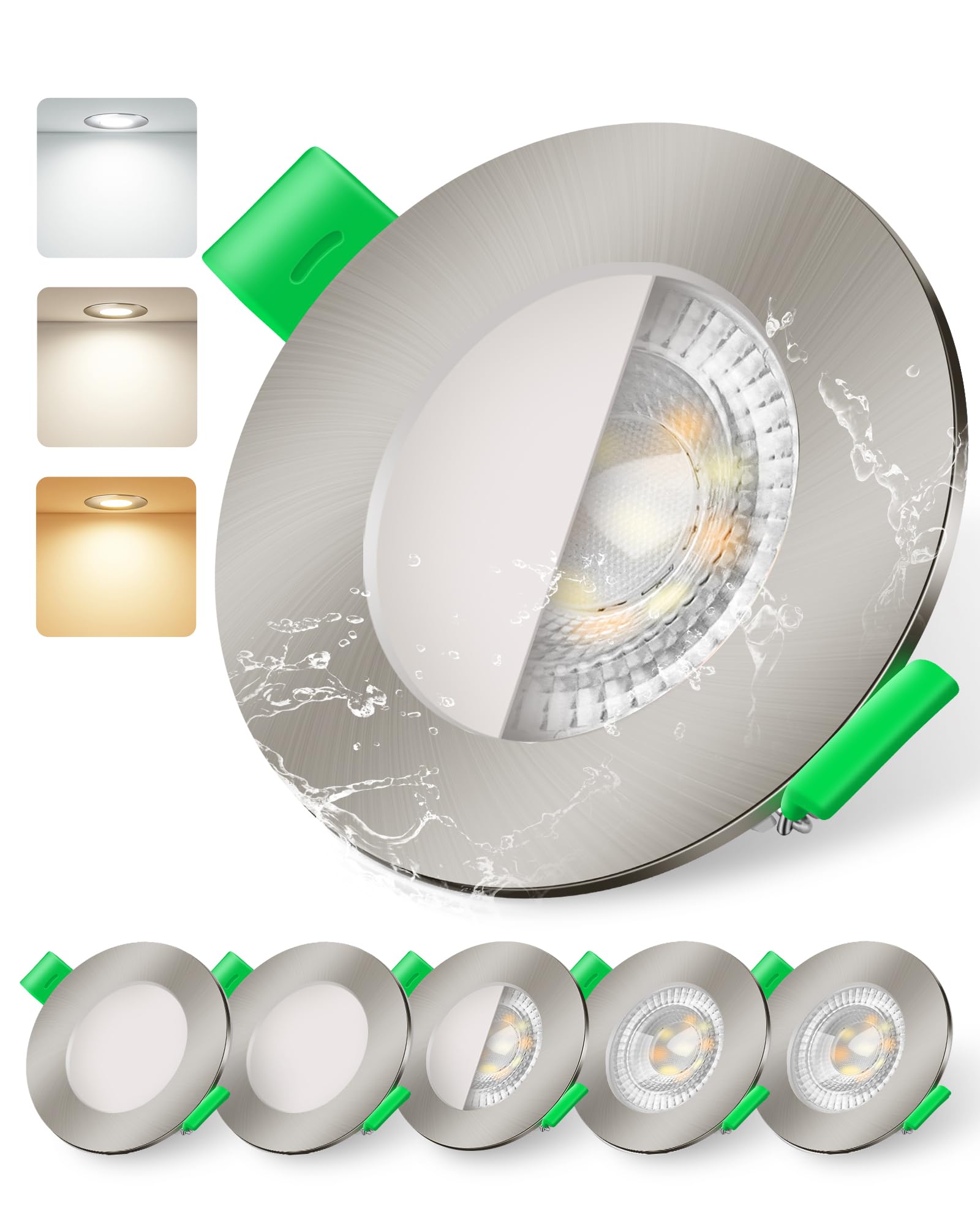 ALUSSO LED Downlights Dimmable 6W, 540lm Ultra Slim Spotlights 68-75mm, IP44 Recessed Lights Warm White 3000K Natural White 4000K Cool White 6500K for Bathroom Kitchen, Nickel