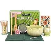 AURADYNE Matcha Set, 9 Pcs Bamboo Matcha Whisk Set,18oz Matcha Tools | matcha set ceramic Bamboo whisk scoop sifter pouring spout towel whisk holder beginners matcha lovers iced matcha gifts