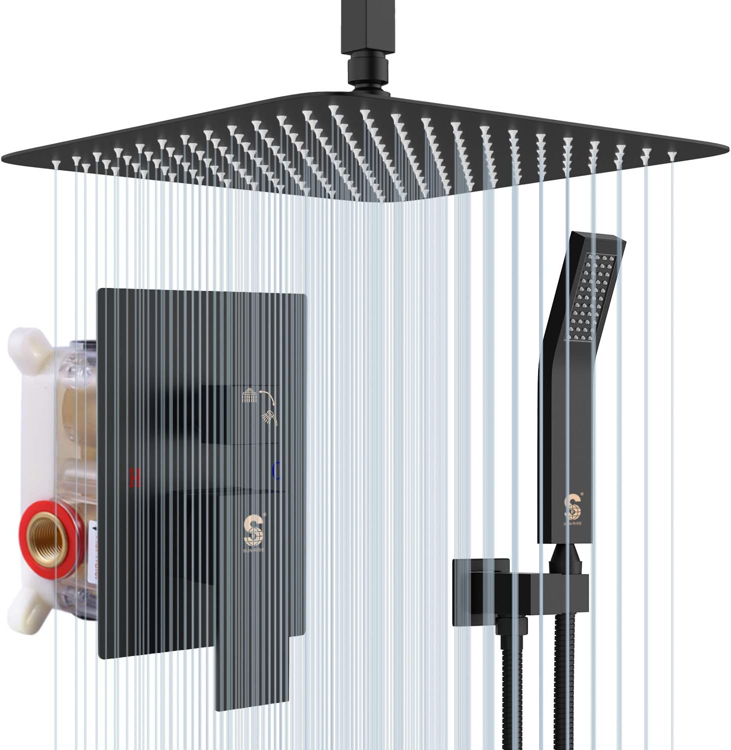 SR SUN RISE 16 Inches Polished Chrome Shower Faucet System Bathroom Luxury Rain Mixer Shower Faucet Set Ceiling Mounted Rainfall Shower Head Set (Contain Shower Faucet Rough-In Valve Body and Trim) - - 