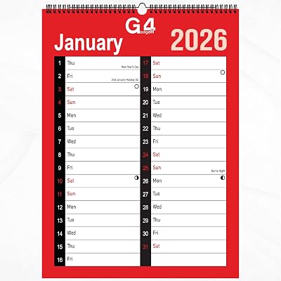 G4GADGET 2026 A3 Month to View Wall Calendar 2 Column Spiral Red White