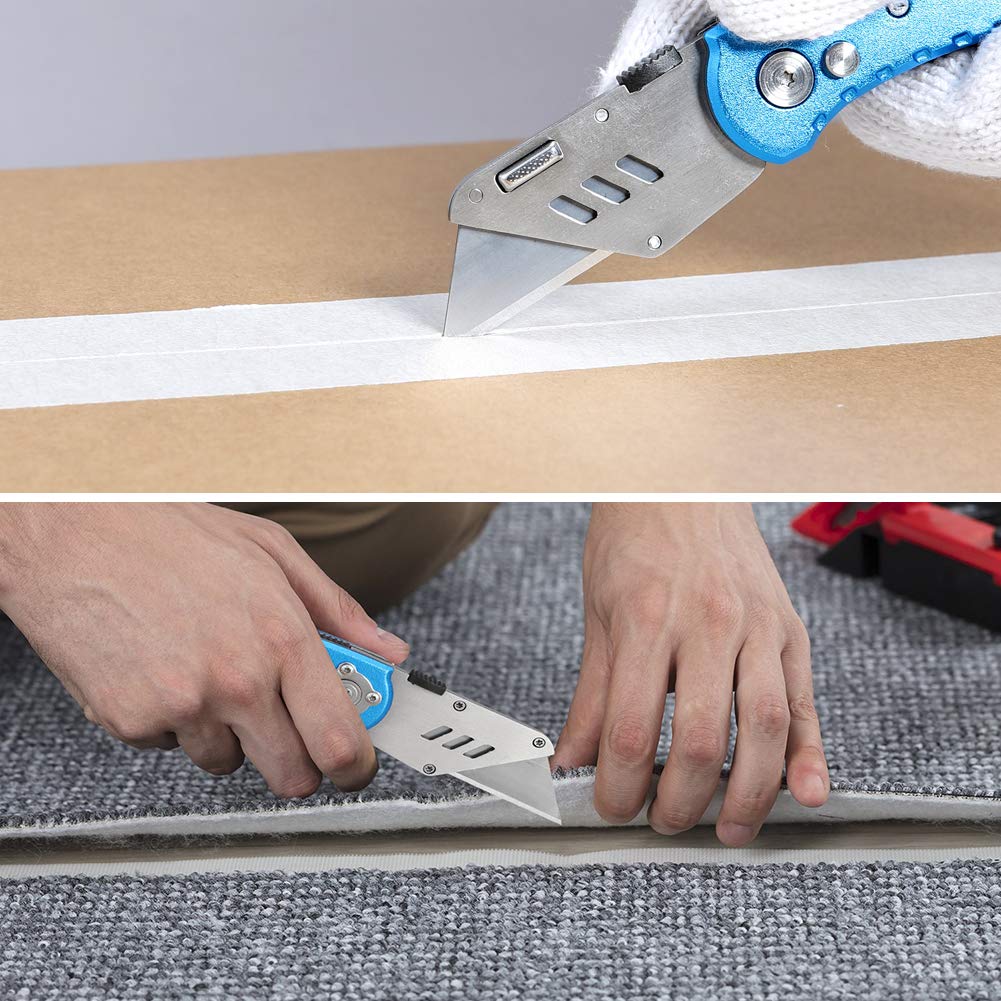 Folding Utility Knife Heavy Duty Box Cutter with 5 SK5 Quick Change Blades, Safety Lock-Back Design, Lightweight Aluminum Body Belt Clip for Office, Home(Blue)