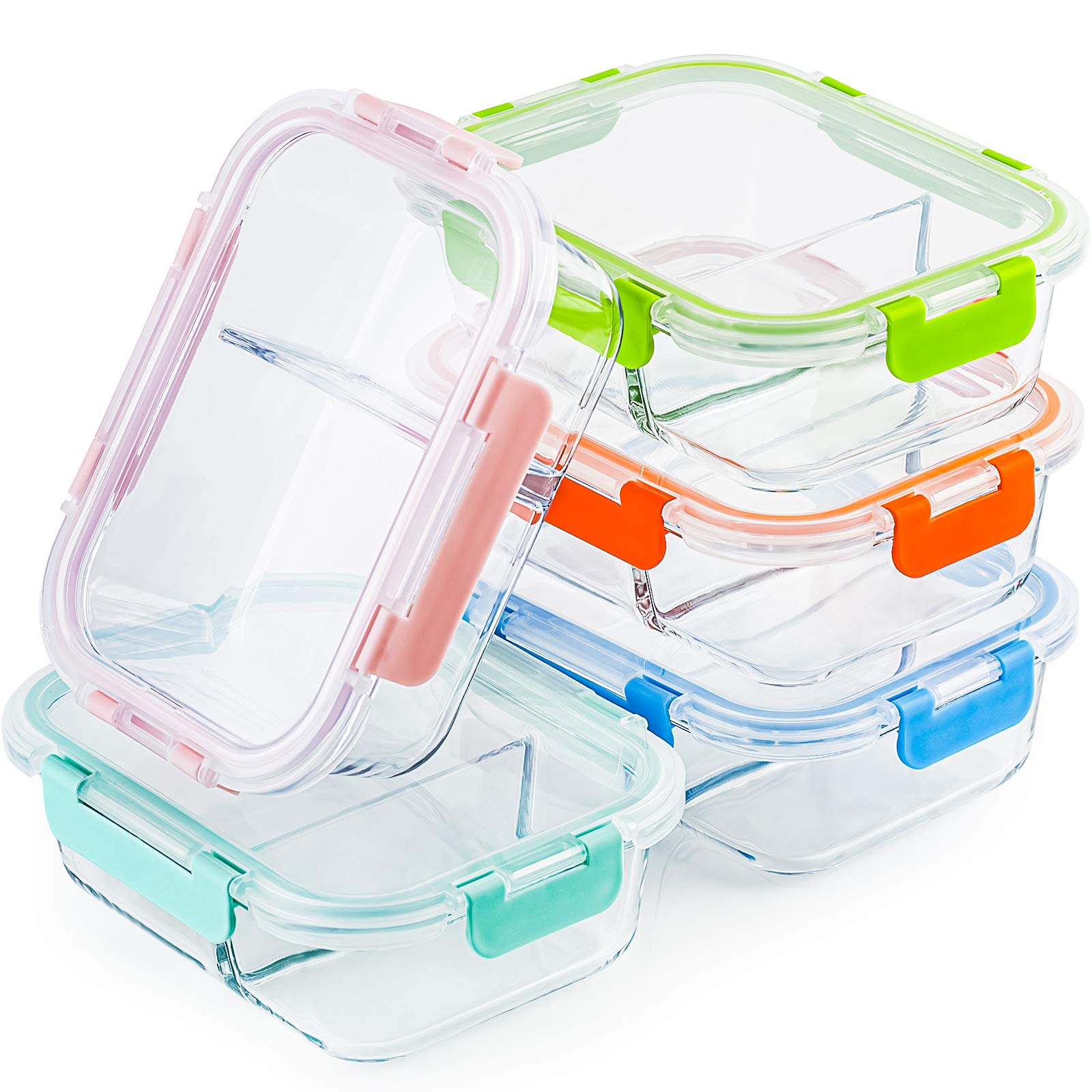 Photo 1 of C CREST Glass Meal Prep Containers 2 Compartment Set, 5-Pack, 34oz, Glass Bento Boxes for Adults, Divided Glass Lunch Containers with Lids
