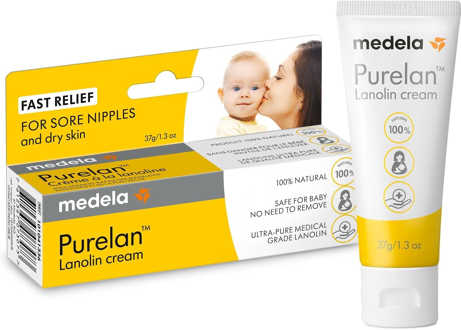 Medela Purelan Lanolin Nipple Cream, Fast Relief for Sore Nipples and Dry Skin, 100% Natural, Hypoallergenic, Dermatologist Tested & Unscented, 37g